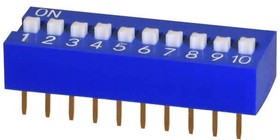 DS01C-254-L-10BE, DIP Switches / SIP Switches DIP Switch, SPST, 2.54 pitch, raised actuator, covex bottom, long pin, 10 position, Blue