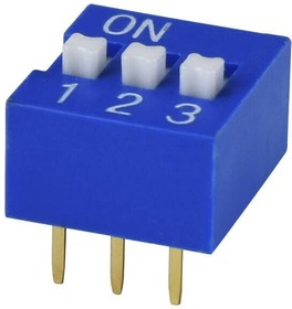 DS01C-254-L-03BE, DIP Switches / SIP Switches DIP Switch, SPST, 2.54 pitch, raised actuator, covex bottom, long pin, 3 position, Blue