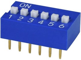 DS01C-254-L-06BE, DIP Switches / SIP Switches DIP Switch, SPST, 2.54 pitch, raised actuator, covex bottom, long pin, 6 position, Blue