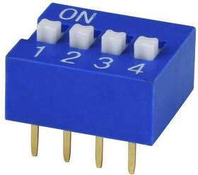 DS01C-254-L-04BE, DIP Switches / SIP Switches DIP Switch, SPST, 2.54 pitch, raised actuator, covex bottom, long pin, 4 position, Blue