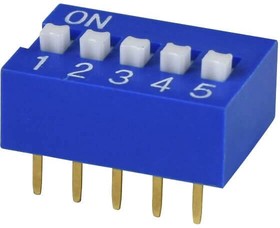 DS01C-254-S-05BE, DIP Switches / SIP Switches DIP Switch, SPST, 2.54 pitch, raised actuator, covex bottom, Short pin, 5 position, Blue