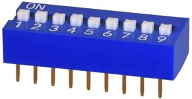 DS01C-254-S-09BE, DIP Switches / SIP Switches DIP Switch, SPST, 2.54 pitch, raised actuator, covex bottom, Short pin, 9 position, Blue