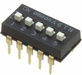 A6TN-5104, Switch DIP OFF ON SPST 5 Raised Slide 0.025A 24VDC PC Pins 2.54mm Thru-Hole Stick
