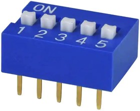 DS01C-254-L-05BE, DIP Switches / SIP Switches DIP Switch, SPST, 2.54 pitch, raised actuator, covex bottom, long pin, 5 position, Blue