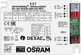 Фото 1/2 OTI-DX-50/220- 240/1A4-NFC, Драйвер светодиода, LED Lighting, 55 Вт, 60 В DC, 1.4 А, Постоянный Ток, 198 В