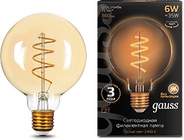 Фото 1/6 Gauss Лампа Filament G95 6W 360lm 2400К Е27 golden flexible LED