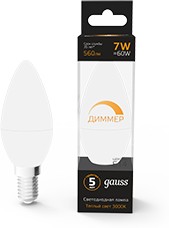 Фото 1/10 Gauss Лампа Свеча 7W 560lm 3000К Е14 диммируемая LED