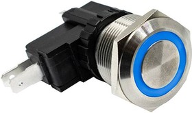 SAV8F1BSS344, Pushbutton Switches Anti-Vandal 25mm, 15 125/250VAC, 1P ON-(ON), Stainless Steel, Blue Ring LED, 12V, QC, IP67