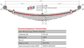 Лист рессоры 33104 Валдай зад 3-й (75*11*1460)