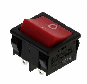 RA45HC1921, Rocker Switch - DPDT - 16A - 125VAC - Red Concave (Curved) Actuator - "O -" Actuator Marking - Snap-In - Solder L ...