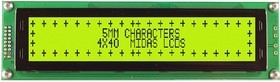 MC44005A6W-SPTLYI-V2, Буквенно-цифровой ЖКД, 40 x 4, Черный на Желтом / Зеленом, 5В, I2C, Английский, Японский