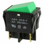 A8A-203-1, Switch Rocker ON OFF DPST Quick Connect Flat Rocker 16A 250VAC 40000Cycles