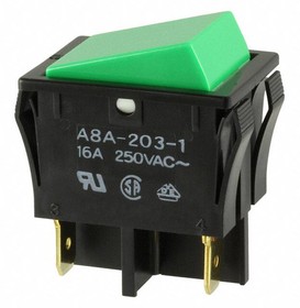A8A-203-1, Switch Rocker ON OFF DPST Quick Connect Flat Rocker 16A 250VAC 40000Cycles
