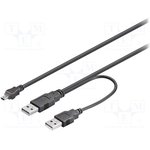 93587, Cable, USB 2.0, USB A x2 plug, mini USB B plug, 600mm, Black
