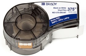 Фото 1/6 Лента Brady M21-375-595-WT, винил, чёрная на белом, 9,53 ммх6,4 м