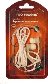 Фото 1/2 PL5021, Наушники с микрофоном Pro Legend bass(белые затычки, 18-20kHz, 116#3dB, 32Ом, кнопка ответа, шнур 1.