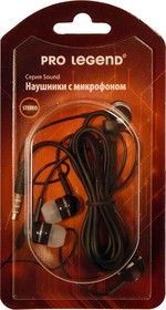 Фото 1/2 PL5022, Наушники с микрофоном Pro Legend Sound(черные затычки, 6-23kHz, 102#3dB, 32Ом, кнопка ответа, шнур 1