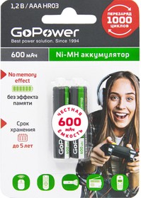 Фото 1/3 Аккумулятор бытовой GoPower R03 AAA BL2 NI-MH 600mAh