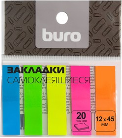 Фото 1/3 Закладки самокл. пластиковые Buro 45x12мм 5цв.в упак. 20лист