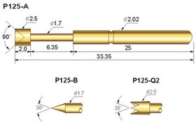 Подпружиненный контакт (pogo-pin) для тестирования диаметром иглы 1,7мм длина 33.35мм (P125-B)