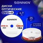 Диски DVD+R SONNEN, 4,7 Gb, 16x, Cake Box (упаковка на шпиле), КОМПЛЕКТ 25 шт. ...