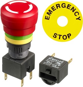 Фото 1/2 A01ES-DF2+ A0154B-D+A01YL1, A01ES-D Series Twist Release Emergency Stop Push Button, Panel Mount, 16mm Cutout, 2NC, IP40, IP65