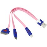 18-4251, Кабель USB 3в1 Lightning, 30pin, micro USB, 1А, 0,15м, ПВХ, розовый ...
