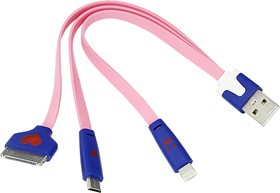 Фото 1/4 18-4251, Кабель USB 3в1 Lightning, 30pin, micro USB, 1А, 0,15м, ПВХ, розовый, плоский, светящиеся разъемы REX