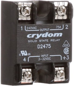 D2475P-10, Solid-State Relay - Control Voltage 3-32 VDC - Max Input Current 12 mA - Output 24-280 VAC - Max Load Current 75 ...