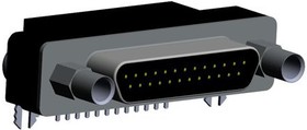 Фото 1/2 381-025-112L565, 381, MICRO-D Series, 25 Way Right Angle PCB D-sub Connector Plug, 1.27mm Pitch, with Boardlocks, Sta