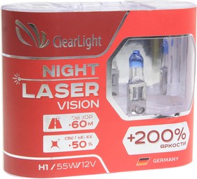 Фото 1/4 MLH1NLV200, Лампа 12V H1 55W +200% бокс (2шт.) Night Laser Vision CLEARLIGHT
