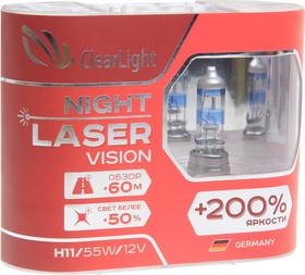 Фото 1/2 MLH11NLV200, Лампа 12V H11 55W +200% бокс (2шт.) Night Laser Vision CLEARLIGHT