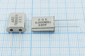 Кварцевый резонатор 6000 кГц, корпус HC49U, нагрузочная емкость 33 пФ, точность настройки 30 ppm, марка 49U[SDE], 1 гармоника, (SDE6.000 33P