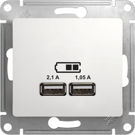Фото 1/2 Розетка USB 2-м СП Glossa A+A 5В/2.1А 2х5В/1.05А механизм бел. SE GSL000133