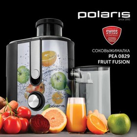 Фото 1/10 Соковыжималка POLARIS PEA 0829 Fruit Fusion, 800 Вт, стакан 0,35 л, емкость жмыха 1 л, пластик, сталь/черный, 15935