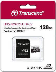 Фото 1/3 TS128GUSD340S, Флеш карта microSD 128GB Transcend Ultra Perfomrance microSDXC Class 10 UHS-I U3, V30, A2, (SD адаптер), TLC