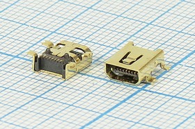 Фото 1/3 Гнездо mini USB, Тип B, угловое, 8 контактов, SMD на плату; №10529 гн miniUSB \B\8C4C\плат\угл SMD\mini USB8S-SMD