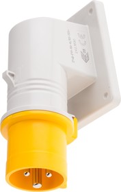 Фото 1/3 242.1690, IP44 Yellow Wall Mount 2P + E Right Angle Industrial Power Plug, Rated At 16A, 110 V