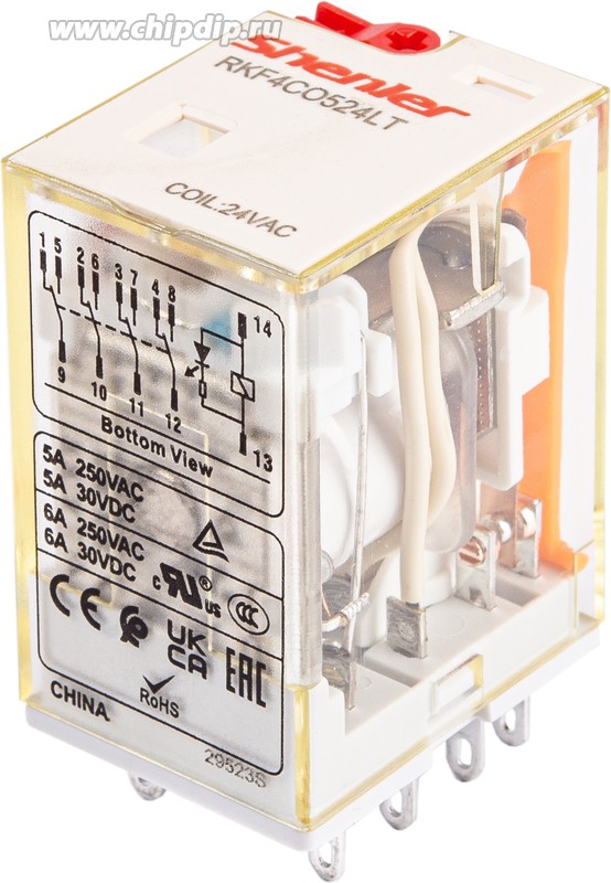 Реле RKE4COLT, 4CO, 5A, 24VAC, мех. индикация, тест-кнопка с блокировкой, LED