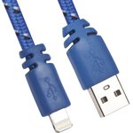 USB кабель для Apple iPhone, iPad, iPod 8 pin плоская оплетка синий, европакет LP