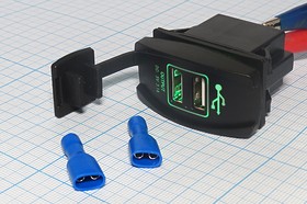Фото 1/4 Разъем автомобильный розетка питания USBx2 с синей подсветкой, контакты 2T, USB YJ-UCC004