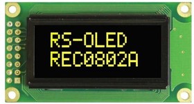 REC000802AYPP5N00100, Дисплей: OLED, алфавитно-цифровой, 8x2, Разм: 58x32x10мм, желтый