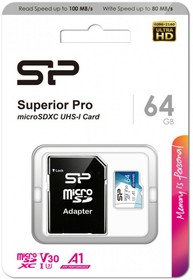 Карта памяти 64Gb MicroSD Silicon Power Superior Pro + SD адаптер (SP064GBSTXDU3V20AB)