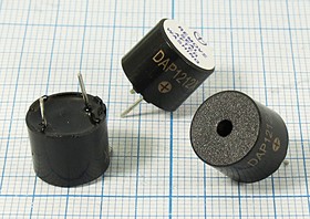Зуммер магнитоэлектрический с генератором, размер 12x10, напряжение 12В, частота 2.3кГц, контакты 2P7.6, марка DAP1212X