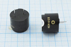 Фото 1/2 Зуммер магнитоэлектрический с генератором, размер 16x14, напряжение 12В, частота 2.3кГц, контакты 2P7.6, марка HCM1612X