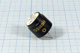 Фото 1/2 Зуммер магнитоэлектрический без генератора, 16x14, напряжение 1.5В, сопротивление 30 Ом, частота 2.048 кГц, 2P7.6, GS1601A