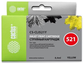 Фото 1/6 Картридж струйный Cactus CS-CLI521Y желтый (9мл) для Canon Pixma MP540/MP550/MP620/ MP630/MP640/MP660/ MP980/MP990/iP3600/ iP4600/iP4700/MX8