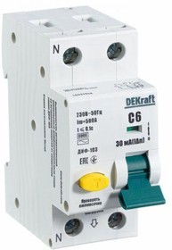 Выключатель автоматический дифференциального тока 2п (1P+N) C 6А 30мА тип A 6кА ДИФ-103 DEKraft 16227DEK