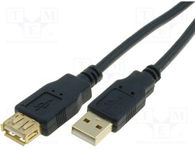 CU202G-B-050-PB, Cable; USB 2.0; USB A socket,USB A plug; gold-plated; 5m; black