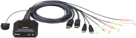 Фото 1/7 ATEN CS22DP, 2-портовый, USB, DisplayPort, кабельный KVM-переключатель с пультом удаленного переключения порта, разрешение 2560 x 1600 при 6
